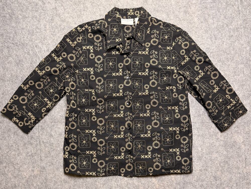 Alfred Dunner Petite Womens 16P Black Embroidered Shirt Jacket Button Up 3/4